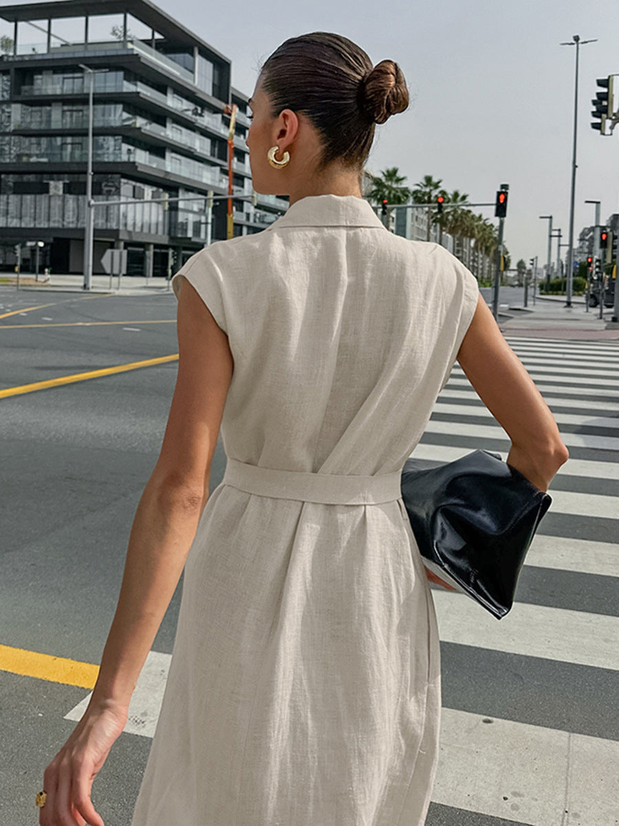 French Chic Belted Cotton-Linen Shirt Maxi Dress