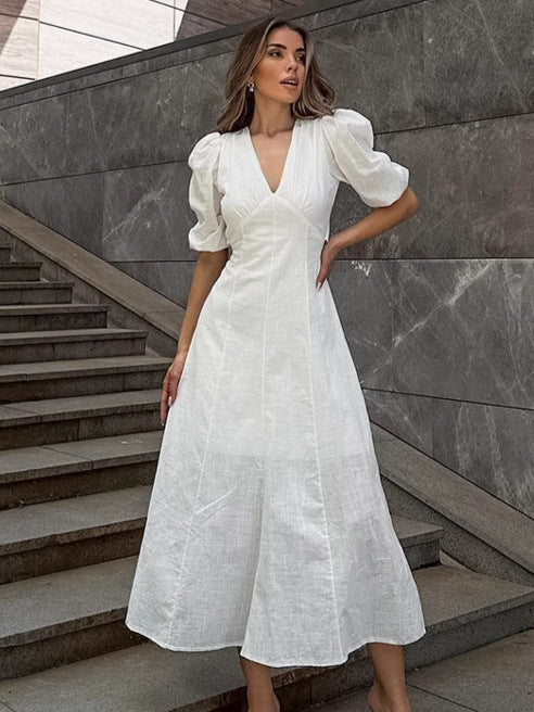 Romantic White V-Neck Puff Sleeve Midi Dress – A-Line